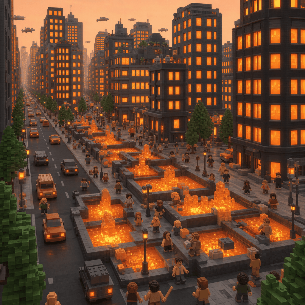 Lego-style voxel city with cars, people, and liquidity pools
